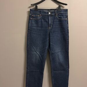 AE Stretch Super High-Rise Ankle Straight Jean.  Size 10R. Dark Wash